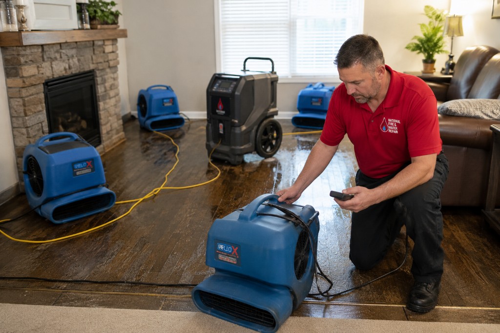 NFWR technician drying a hardwood floor with commercial air movers after water damage