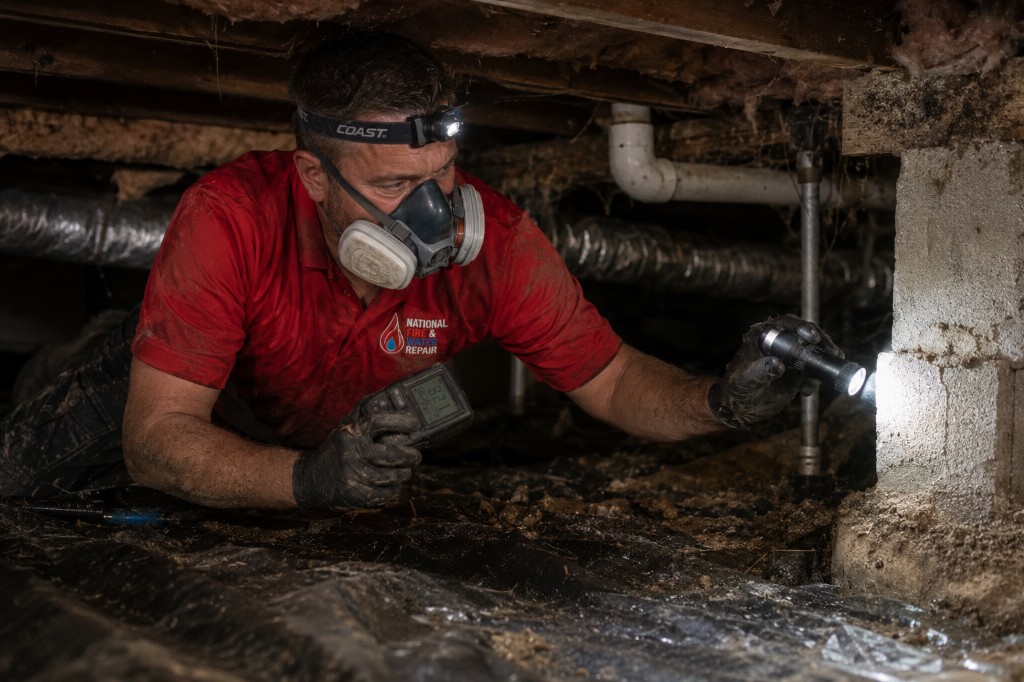 NFWR technician inspecting a crawl space for moisture and structural damage