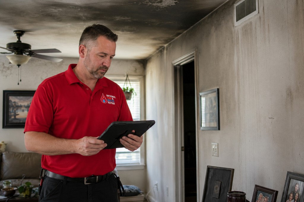 NFWR technician documenting fire and smoke damage for insurance restoration