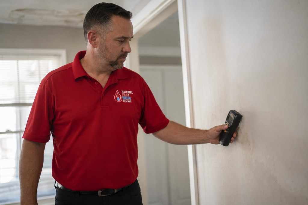 NFWR technician taking moisture readings on a water-damaged wall