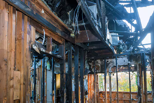 Charred structural framing after smoke and fire damage