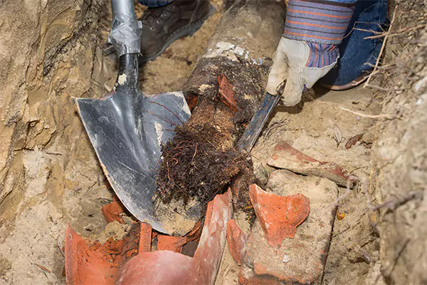 Sewer line repair at a root-damaged underground pipe